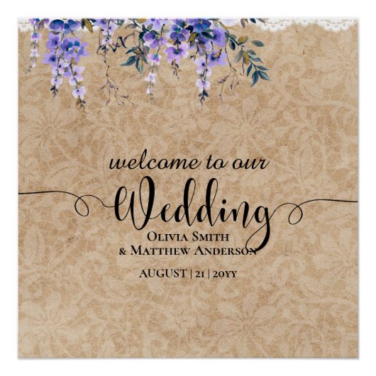 の結婚ウェルカムサインパープルウィステリアレース ポスター (正面)