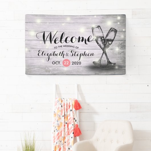 の結婚ウェルカムバナーシャンパングラスウッドライト 横断幕 (インサイチュ)