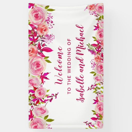 の結婚ウェルカムピンクのローズベリーの水の色のフローラ 横断幕 (縦)