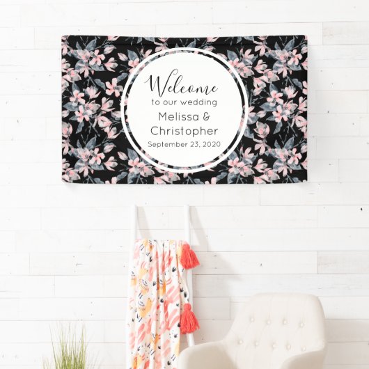 の結婚ウェルカムピンク&グレーの花柄 横断幕 (インサイチュ)