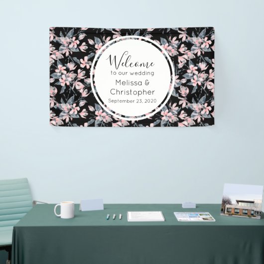 の結婚ウェルカムピンク&グレーの花柄 横断幕 (トレードショー)