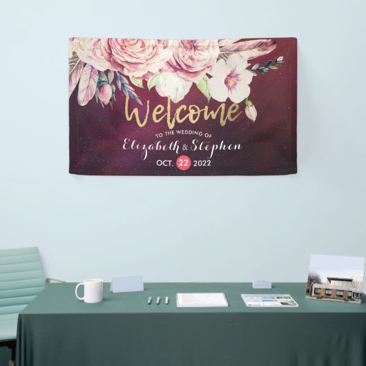 の結婚ウェルカムボホフローラ羽毛ブルゴーニュ赤 横断幕 (トレードショー)