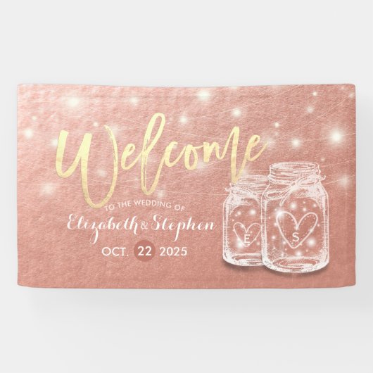 の結婚ウェルカムメイソンジャースストリングライトバラ金ゴールド 横断幕 (横)