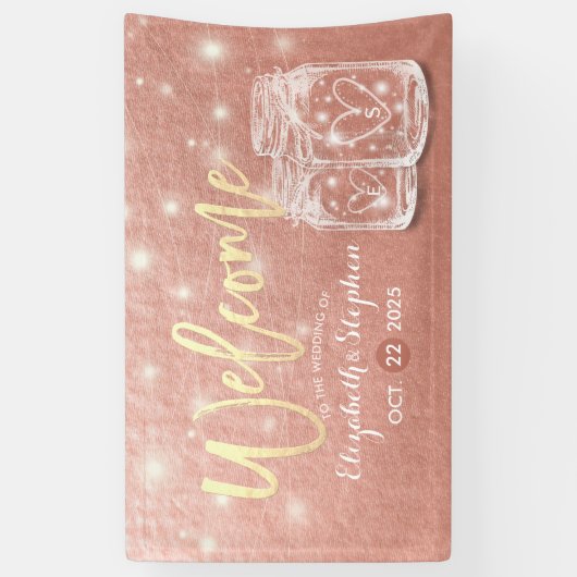 の結婚ウェルカムメイソンジャースストリングライトバラ金ゴールド 横断幕 (縦)