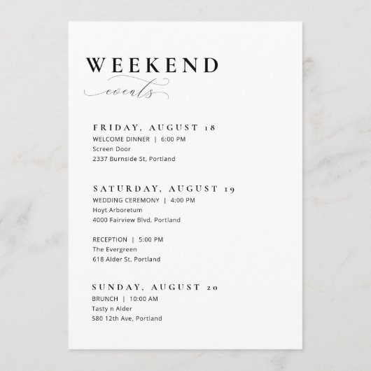 の結婚ウェルカムレターとタイムラインの旅程カード メニュー (裏面)