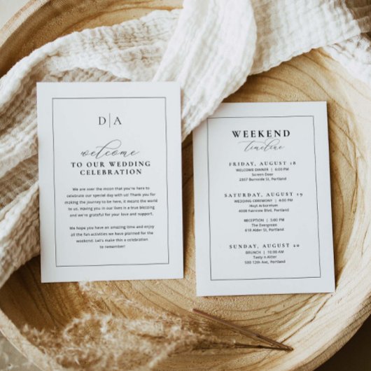 の結婚ウェルカムレターとタイムラインの旅程カード メニュー