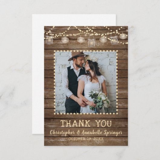 の結婚ウッド素朴・メイソン・ジャー・ライトありがとう サンキューカード (正面/裏面)