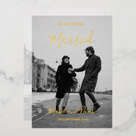 の結婚エレガント白黒写真金ゴールド 箔招待状