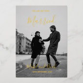 の結婚エレガント白黒写真金ゴールド 箔招待状 (正面)