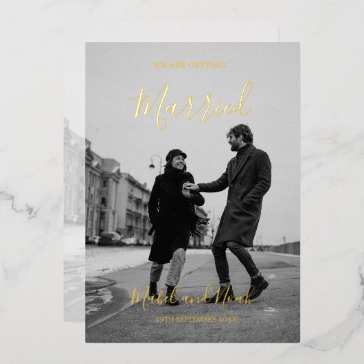 の結婚エレガント白黒写真金ゴールド 箔招待状 (正面/裏面)