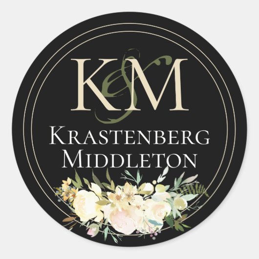 の結婚カスタムモノグラム名クリームブラック ラウンドシール (正面)