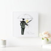 の結婚カップルたった今結婚しましたシックな水色 スクエア壁時計 (ホーム)