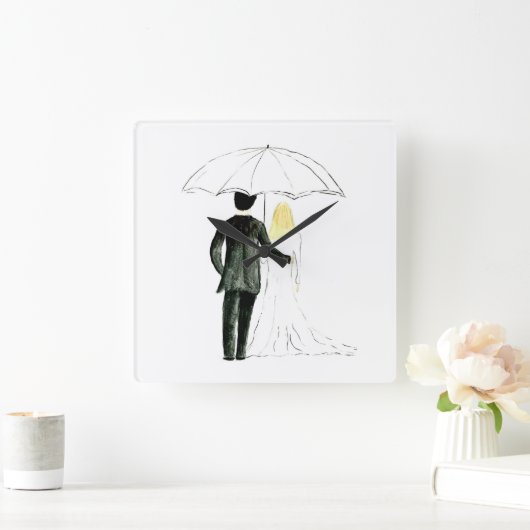 の結婚カップルたった今結婚しましたシックな水色 スクエア壁時計 (ホーム)