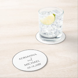 の結婚カップルの名前と日付のホワイト ラウンドペーパーコースター