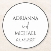 の結婚カップルの名前と日付のホワイト ラウンドペーパーコースター (正面)