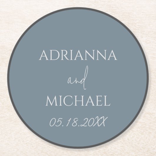 の結婚カップルの名前と日付石板 ラウンドペーパーコースター (正面)