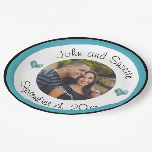 の結婚カップルパーソナライズされた写真名の日付 ペーパープレート (アングル)