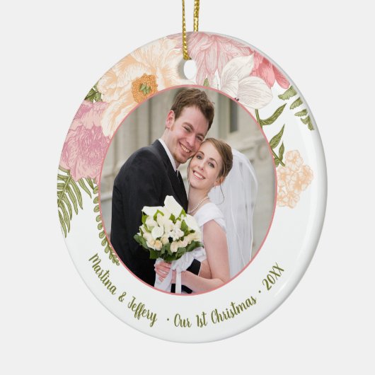 の結婚カップル写真初めてのクリスマスオーナメント セラミックオーナメント (左)