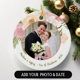 の結婚カップル写真初めてのクリスマスオーナメント セラミックオーナメント