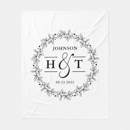 の結婚カップル文字モノグラムフローラ枠 フリースブランケット (正面)