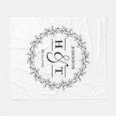 の結婚カップル文字モノグラムフローラ枠 フリースブランケット (正面(横))