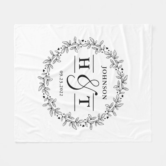 の結婚カップル文字モノグラムフローラ枠 フリースブランケット (正面(横))