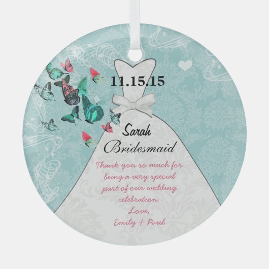 の結婚ガウンの花嫁付き蝶は色を選択 ガラスオーナメント (正面)