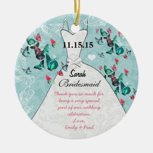 の結婚ガウンの花嫁付き蝶は色を選択 セラミックオーナメント (正面)