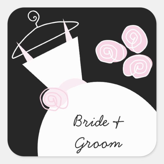 の結婚ガウンピンクの「花嫁と花婿」スクエアブラック スクエアシール (正面)
