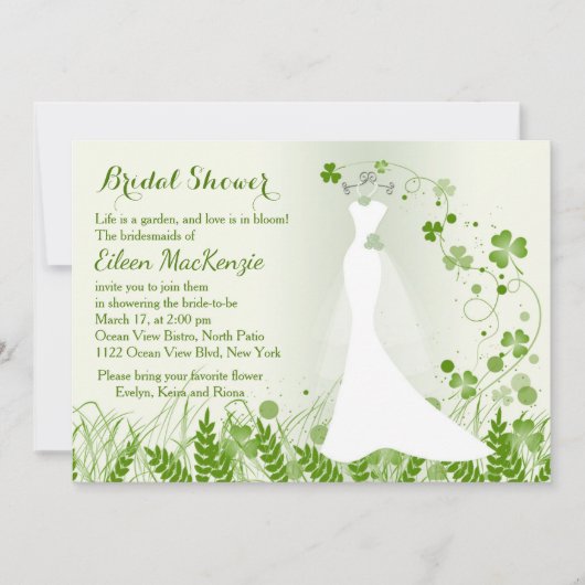 の結婚ガウン、牧草地のシャムロック、ブライダルシャワー 招待状 (正面)
