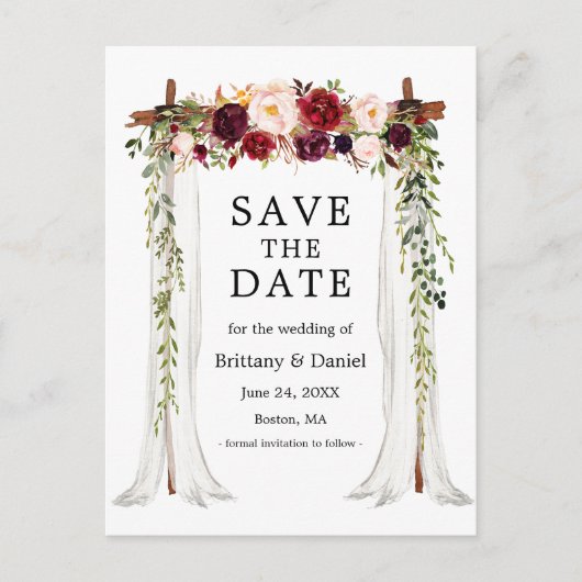 の結婚キャノピーアーチ水カラーバーガンディフローラ 案内ポストカード (正面)