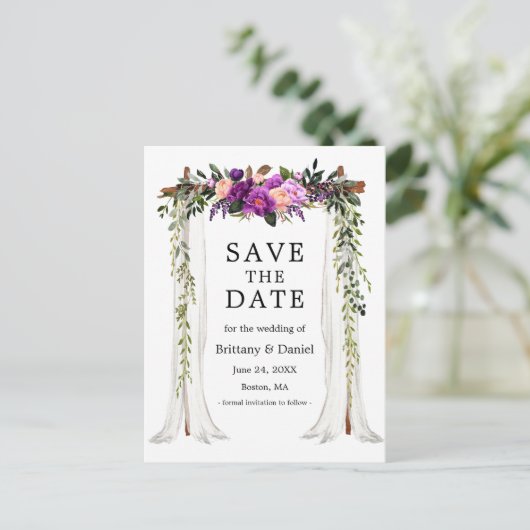 の結婚キャノピーアーチ水カラー紫フローラ 案内ポストカード (スタンド正面)