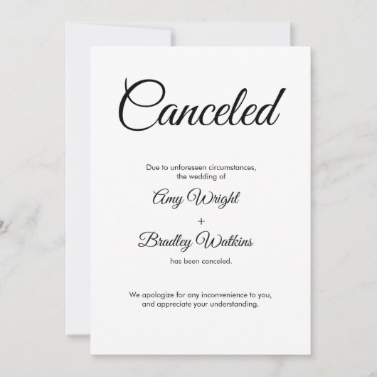 の結婚キャンセル済みアナウンスカエレガントード 招待状 (正面)