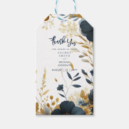 の結婚ギフトラベル |ネイビーイエロー金ゴールドフローラ エレガント ギフトタグ (正面)