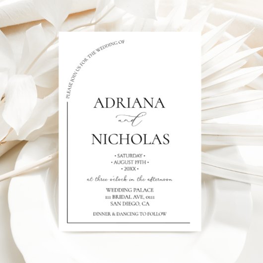 の結婚クラシック黒と白のシンプルアーチ形 招待状