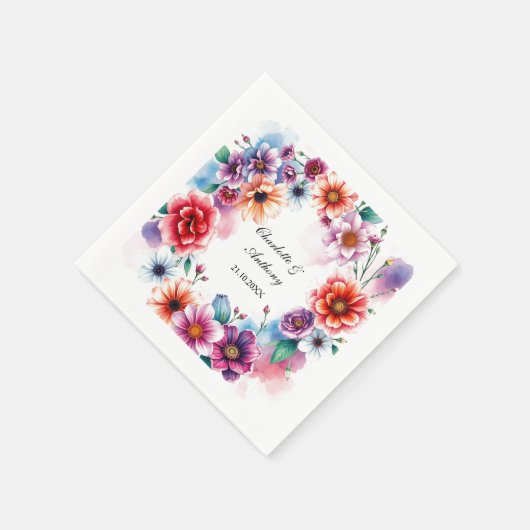 の結婚クリエイティブフローラ名カップル&日付 スタンダードカクテルナプキン (角)