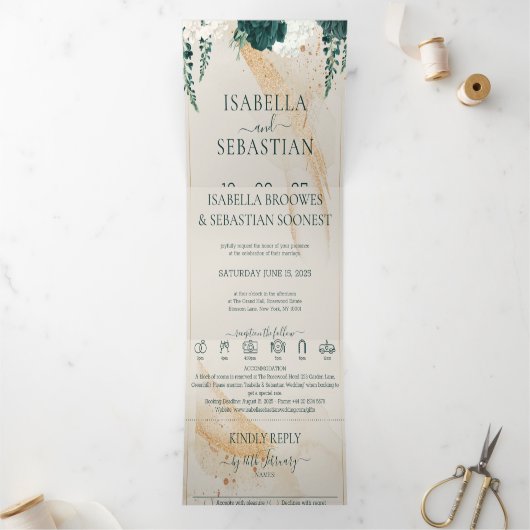 の結婚クリームすべて1つのエメラルドグリーンバラフローラ 三つ折り招待状 (内部)