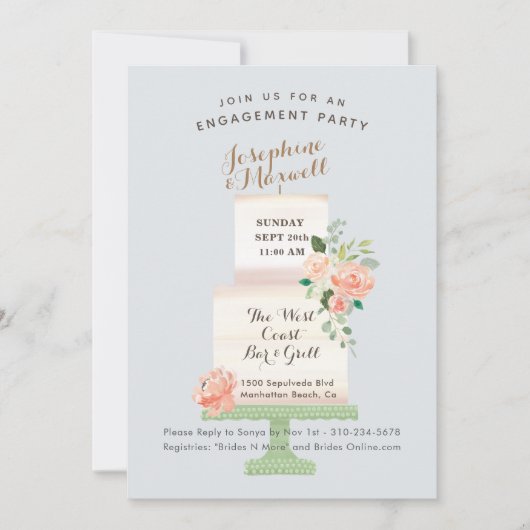 の結婚ケーキ名ウォーターカラーフローラ婚約 招待状 (正面)