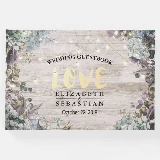 の結婚ゲストブックのフローラストリングライト素朴ウッド ゲストブック (正面)