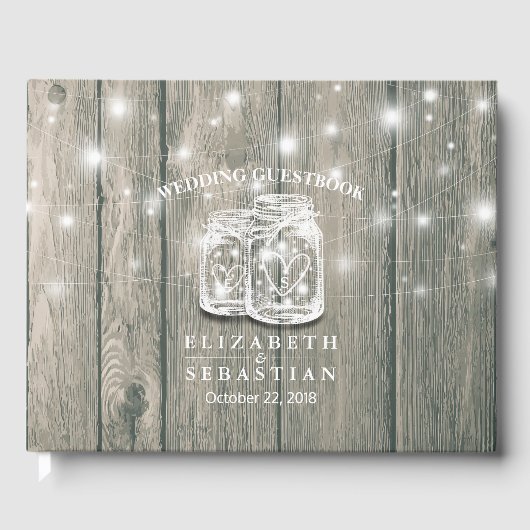 の結婚ゲストブックウッドシックなメイソンジャールストリングライト ゲストブック (正面)