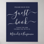 の結婚ゲストブックサインモダンスクリプトNavy Blue ポスター (正面)