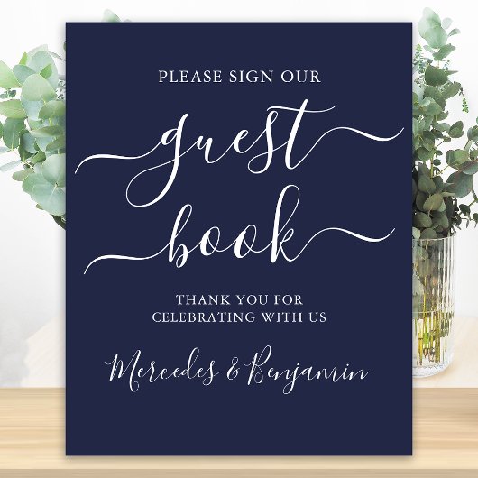 の結婚ゲストブックサインモダンスクリプトNavy Blue ポスター