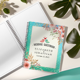 の結婚ゲストブックピモダンンクフローラティール（緑がかった色）金ゴールドドット ノートブック