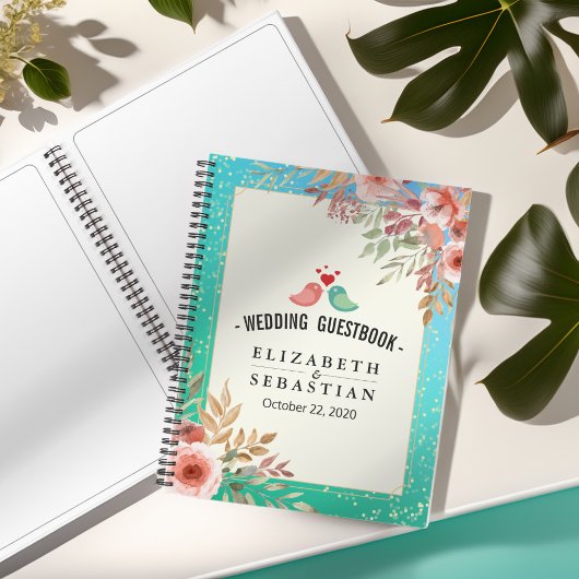 の結婚ゲストブックピモダンンクフローラティール(緑がかった色)金ゴールドドット ノートブック