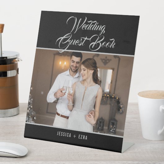 の結婚ゲストブックフォトシルバエレガントーススクリプト 台座サイン (インサイチュ)