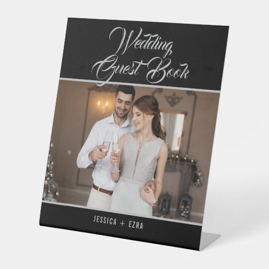 の結婚ゲストブックフォトシルバエレガントーススクリプト 台座サイン (正面)