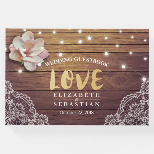 の結婚ゲストブックフローラストリングライトウッドレース ゲストブック (正面)