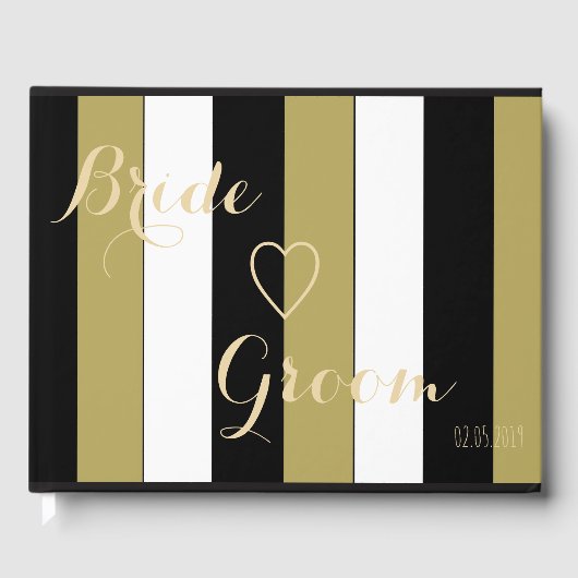の結婚ゲストブックブラック金ゴールドホワイトストライプパターン ゲストブック (正面)