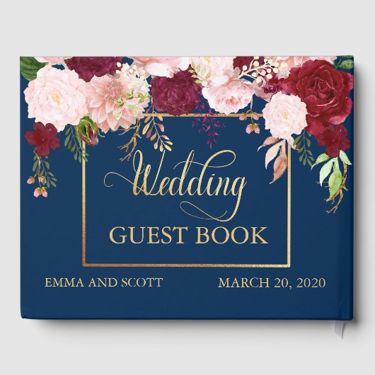 の結婚ゲストブックブルゴーニュ海軍金ゴールド花 ゲストブック (裏面)
