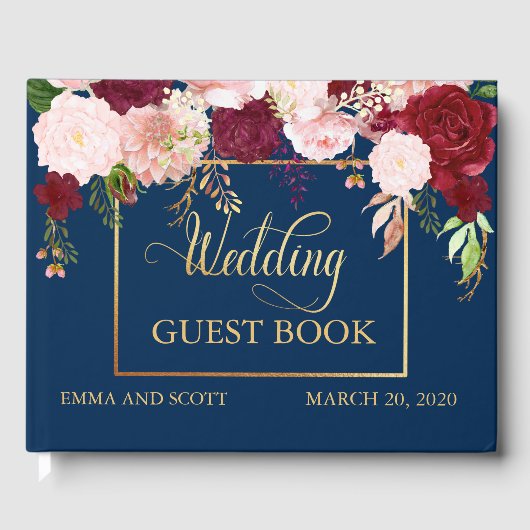 の結婚ゲストブックブルゴーニュ海軍金ゴールド花 ゲストブック (正面)